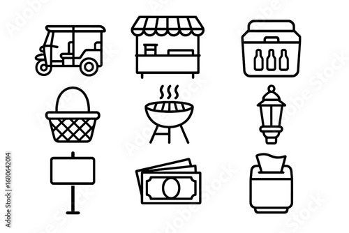 Tuk-Tuk Vendor Icons. Outline icon set of tuk-tuk street vendors: tuk-tuk, food stall, drink cooler, basket,