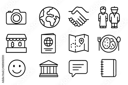 Cultural Discovery Icons. Outline icon set of documentary-style photography of intercultural experiences: