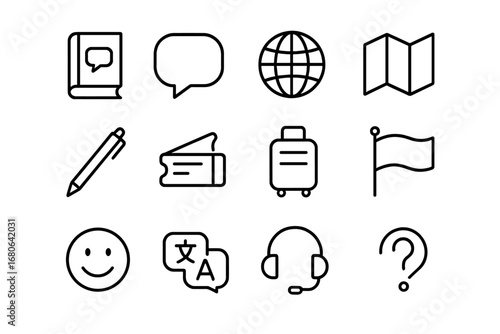 Travel Phrasebook Icons. Outline icon set of travel phrasebooks: small book, speech bubble, globe, map, pen,
