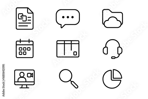 Collaboration Tools Icons. Outline icon set of online collaboration tools: shared document, chat bubble, cloud