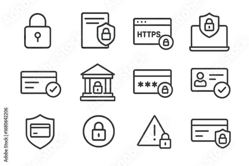 Secure Transaction Icons. Outline icon set of secure online transactions: lock icon, SSL certificate, secure