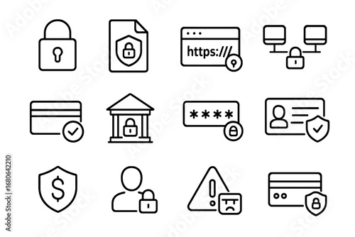 Secure Transaction Icons. Outline icon set of secure online transactions: lock icon, SSL certificate, secure