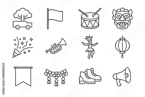 Parade Icons Grid. Outline icon set of parade and procession elements: parade float, flag, drum, cultural mask