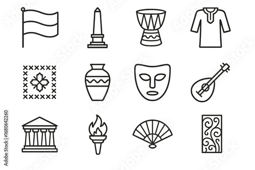Cultural Heritage Icons. Outline icon set of cultural heritage symbols: flag, monument, drum, costume,