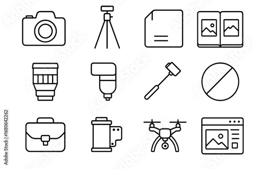 Photography Icons Grid. Outline icon set of photography for fun: camera, tripod, memory card, photo album,