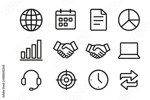 Global Project Icons. Outline icon set of global project coordination: globe, calendar, document, pie chart,