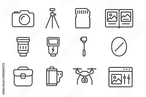 Photography Icons Grid. Outline icon set of photography for fun: camera, tripod, memory card, photo album,