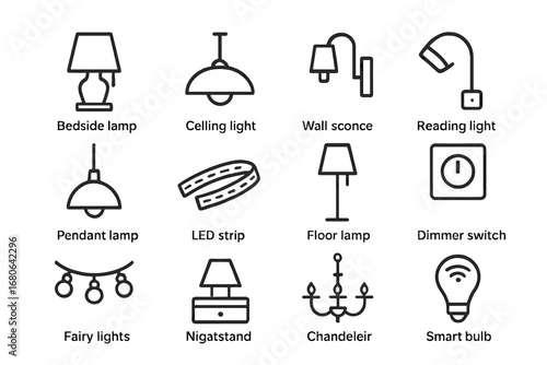 Bedroom Lighting Icons. Outline icon set of bedroom lighting design: bedside lamp, ceiling light, wall sconce,