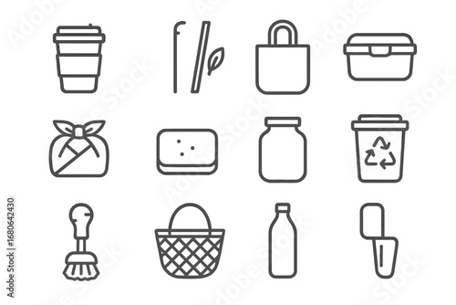Zero-Waste Icons Set. Outline icon set of zero-waste product trade: reusable cup, bamboo straw, tote bag, food