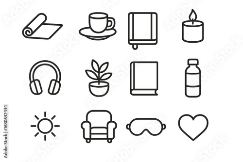 Stress Relief Icons. Outline icon set of stress relief for caregivers: yoga mat, tea cup, journal, candle,