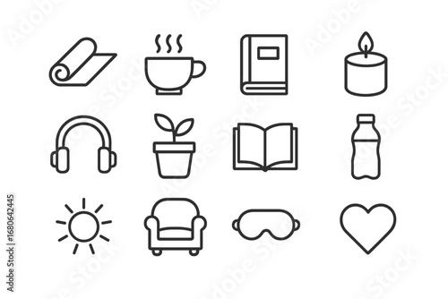 Stress Relief Icons. Outline icon set of stress relief for caregivers: yoga mat, tea cup, journal, candle,
