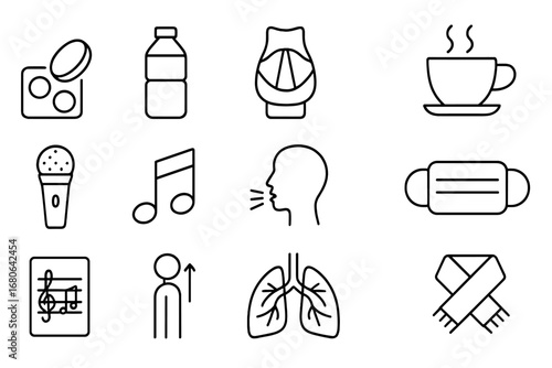 Vocal Care Icons. Outline icon set of vocal health care: throat lozenge, water bottle, vocal cord diagram, tea