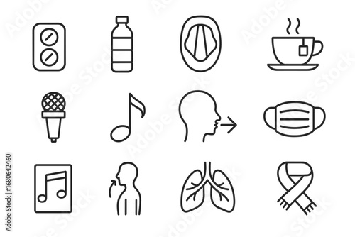 Vocal Care Icons. Outline icon set of vocal health care: throat lozenge, water bottle, vocal cord diagram, tea