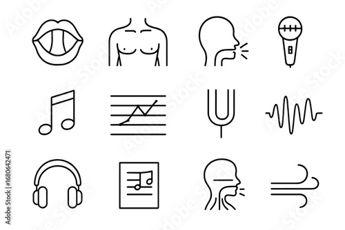 Vocal Resonance Icon Set. Outline icon set of vocal resonance techniques: vocal cord diagram, chest icon, head