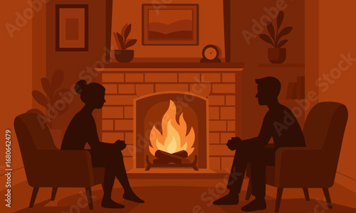 Flat vector illustration of a couple sitting in armchairs by the fireplace in a cozy living room. Warm atmosphere, relaxation, and home comfort concept.