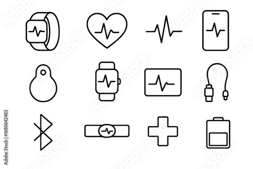 Wearable ECG Icon Set. Outline icon set of wearable ECG monitors: wristband device, heart icon, pulse line,