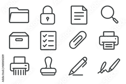 Document Control Icons. Outline icon set of document control: folder, lock, document, magnifying glass,