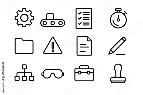 Manufacturing SOP Icons. Outline icon set of manufacturing SOP: gear, conveyor belt, checklist, stopwatch,