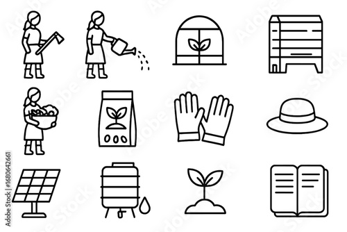 Sustainable Farming Icons. Outline icon set of rural women in sustainable farming: hoe, watering can,