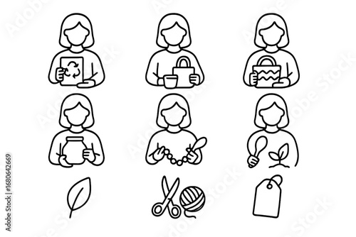 Eco-Friendly Craft Icons. Outline icon set of rural women promoting eco-friendly crafts: recycled paper,