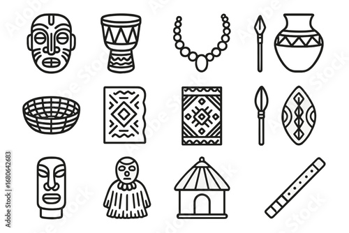 Ethnographic Museum Icons. Outline icon set of ethnographic heritage museums: tribal mask, drum, bead necklace