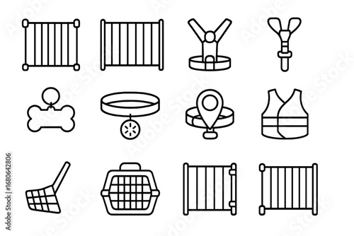 Pet Safety Icon Set. Outline icon set of pet safety products: baby gate, pet barrier, harness, seatbelt clip,