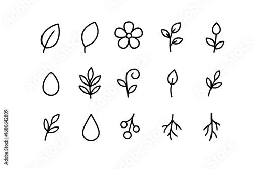 Minimal Botanical Icons. Outline icon set of minimal botanical labels: simple leaf, single petal, line flower,