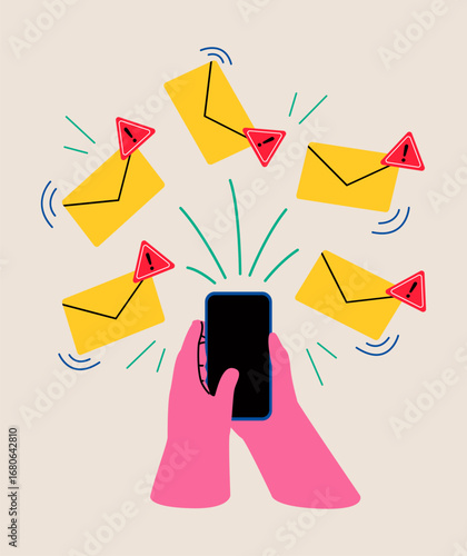 Spam email alert concept. Hand holding phone. Colorful vector illustration