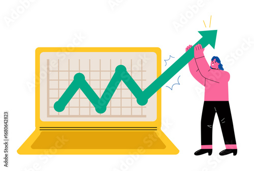 Business woman tries to pull the chart data up on screen. Flat vector illustration isolated on white background