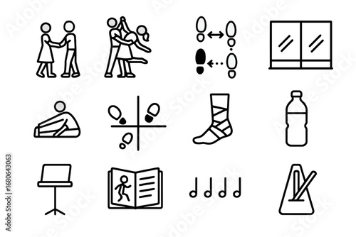 Dance Practice Icons. Outline icon set of partner dance practice: hand-in-hand pose, lifted pose, dance step