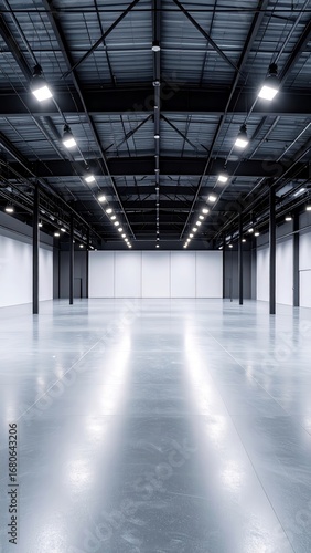 Minimalist gallery space, industrial warehouse for pop-up event staging with clean ambiance