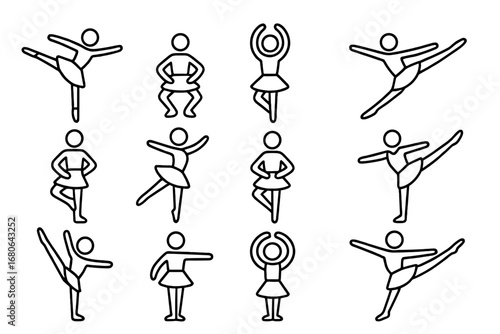 Ballet Position Icons. Outline icon set of famous ballet positions: arabesque, plié, relevé, jeté, pirouette,