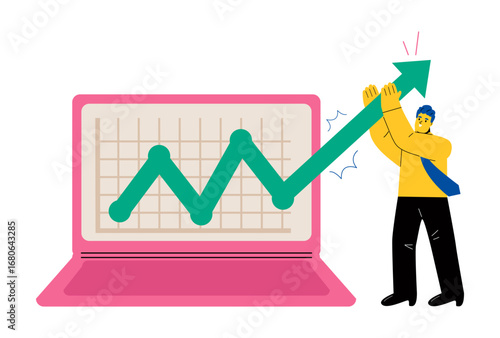 Business man tries to pull the chart data up on screen. Flat vector illustration isolated on white background