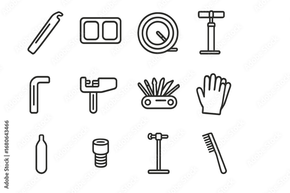 Obraz premium Bicycle Maintenance Icons. Outline icon set of bicycle maintenance kit: tire lever, patch kit, spare tube,