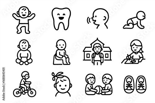 Parenting Milestones Icons. Outline icon set of parenting milestones: baby’s first steps, first tooth, first