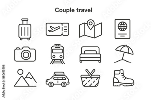 Travel Icons Grid. Outline icon set of couple travel: suitcase, boarding pass, map, passport, camera, train