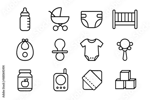 Parenting Essentials Icons. Outline icon set of parenting daily routines: feeding bottle, baby stroller,