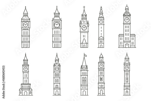 Monumental Clock Icons. Outline icon set of monumental clock towers: Big Ben, Prague Astronomical Clock,