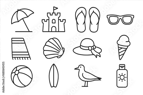 Beach Day Icons. Outline icon set of end of summer beach days: beach umbrella, sandcastle, flip-flops,