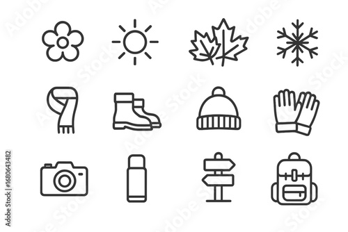Seasonal Nature Walk Icons. Outline icon set of seasonal nature walks: spring blossom, summer sun, autumn