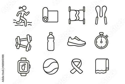 Beach Fitness Icons. Outline icon set of beach fitness activities: morning jogger, yoga mat, stretch band,