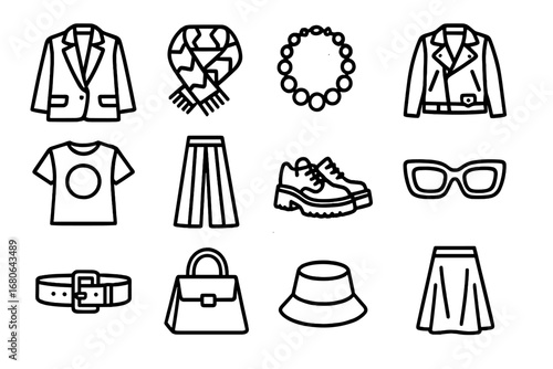 Bold Fashion Icons. Outline icon set of bold statement pieces in clothing: oversized blazer, patterned scarf,