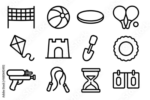 Tropical Beach Games Icons. Outline icon set of tropical beach games: volleyball net, beach volleyball,