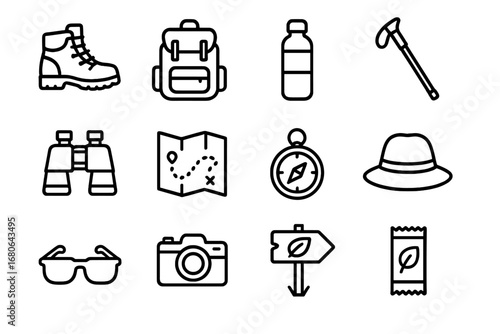 Nature Walk Essentials. Outline icon set of going on a nature walk: hiking boots, backpack, water bottle,