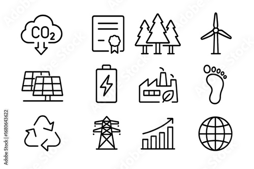 Carbon Offset Icons. Outline icon set of carbon offset and renewable credits: CO2 reduction icon, renewable