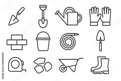 Gardening Tool Icons. Outline icon set of gardening masonry tools: small mortar trowel, garden spade, watering