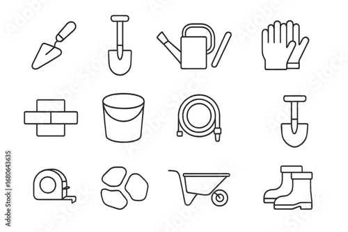 Gardening Tool Icons. Outline icon set of gardening masonry tools: small mortar trowel, garden spade, watering