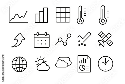 Global Data Icons. Outline icon set of global temperature data visualization: line graph, bar chart, heat map,