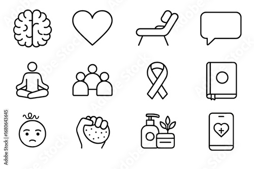Mental Health Icon Set. Outline icon set of Mental health awareness: brain, heart, therapist chair, speech
