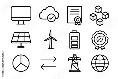 Virtual Energy Icons. Outline icon set of virtual renewable energy credits: computer, cloud, certificate,